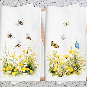 Bees and Butterflies Dish Towel, Yellow Field of Flowers Kitchen Tea Towel, Floral Kitchen or Bath Hand Towels, Summer Wedding, Bridal, Bees