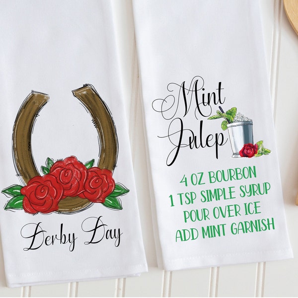 Kentucky Derby Dish Towel, Horseshoe and Roses, Mint Julep Tea Towels, Derby Day Celebration, Derby Day Kitchen Decor