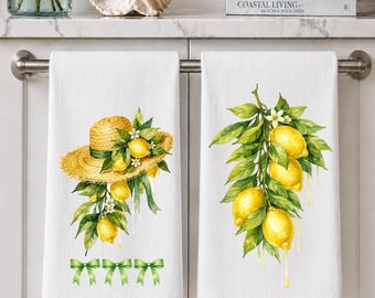 Set di due strofinacci da cucina con motivo limoni estivi, cappello di paglia e limoni, decorazione estiva per la cucina, idea regalo per chi ospita.