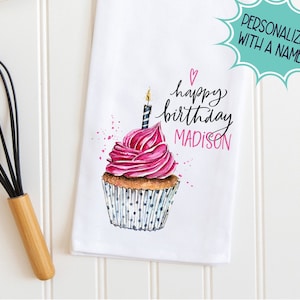 Personalized Birthday Kitchen Towel, Cupcake Design