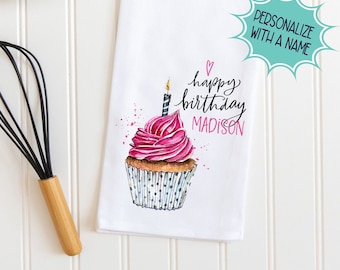 Personalized Birthday Kitchen Towel, Cupcake Design