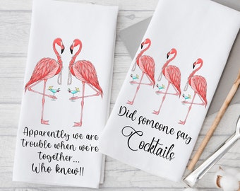 Funny Flamingo Kitchen Tea Towels, Flamingos and Cocktails, Funny Girlfriend Gifts, Party or Shower Favors, Flamingo Hand Towels