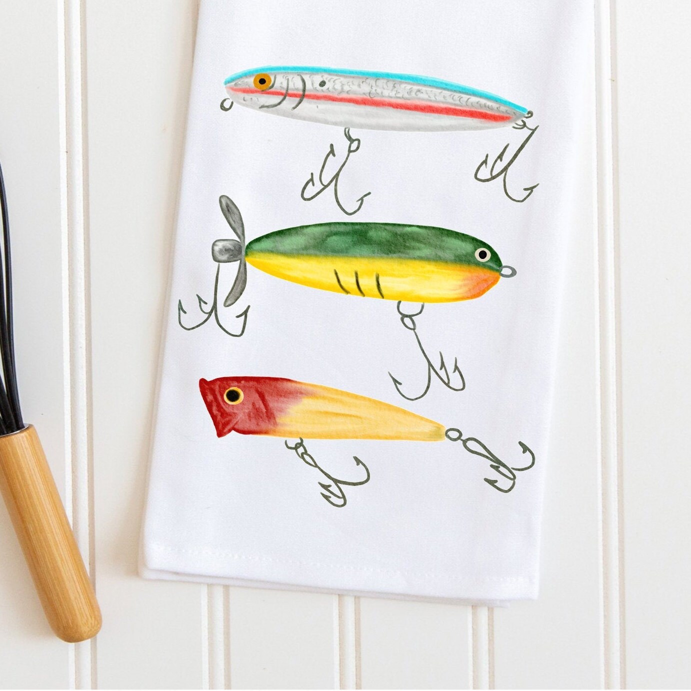 Fishing Kitchen Towels, Fish Lures and Bobbers Tea Towel Set, Fish
