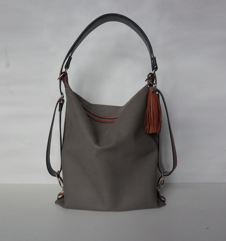 Natural Genuine Leather Grey & Orange Tote Bag Transformer | Etsy