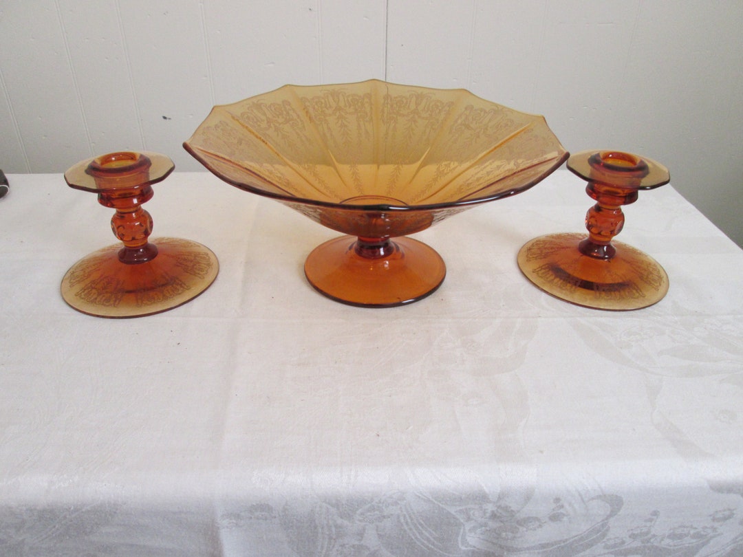 Cambridge Elegant Glass CLEO Amber Console Set 11 Footed Compote With ...