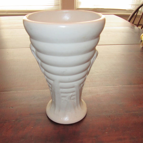 Vintage Brush-McCoy White Matte Finish 8-1/4" Tall Art Deco Design Vase  #628 Ringed Leaf Design C. 1930's, Vintage Pottery, Art Pottery