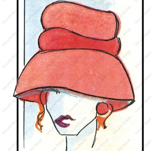 May include: A red hat with a wide brim and a layered crown. The hat is drawn in a simple, stylized fashion with black outlines and a light blue background.