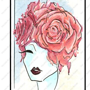 May include: A stylised illustration of a woman with a red rose hairpiece. The woman has a blue face, black eyes, and red lips. The background is a light blue watercolour wash.