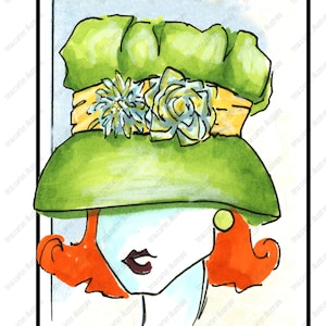 May include: A woman with red hair is wearing a green hat with a yellow band and blue flowers. The hat is wide-brimmed and has a ruffled edge.