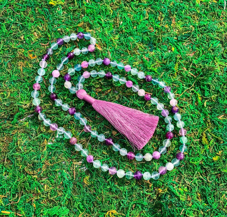 MeditationYoga Necklace CONFIDENCE Rainbow Fluorite108 Knotted Mala Necklace wSilky Lilac Tassel