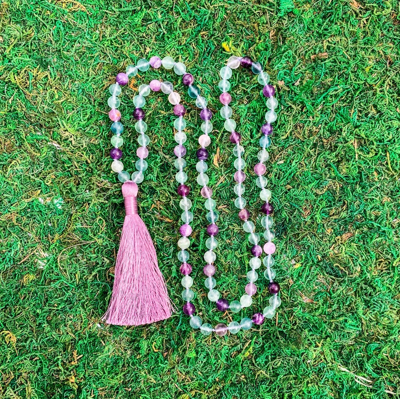 MeditationYoga Necklace CONFIDENCE Rainbow Fluorite108 Knotted Mala Necklace wSilky Lilac Tassel