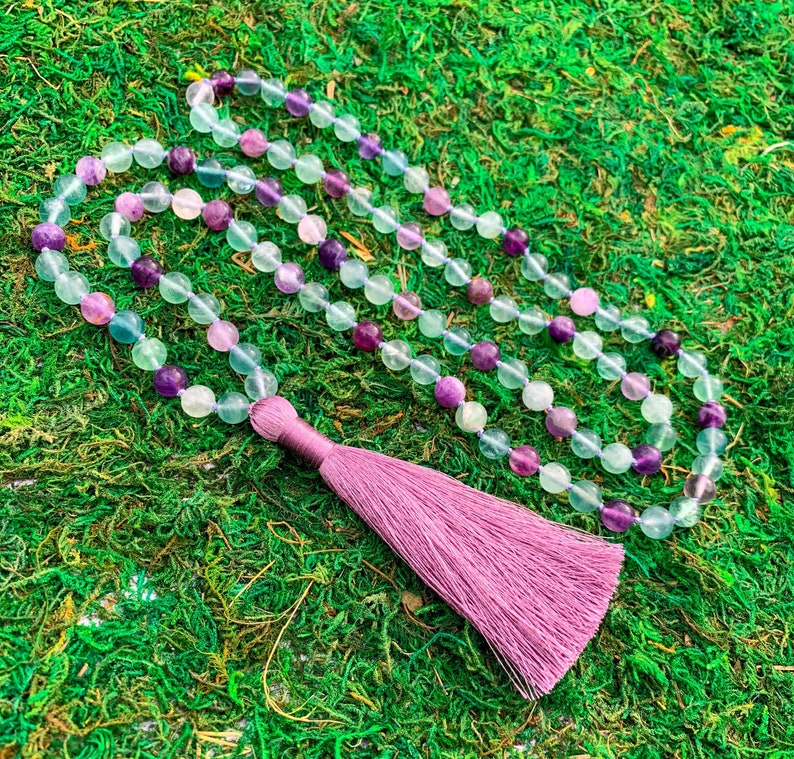 MeditationYoga Necklace CONFIDENCE Rainbow Fluorite108 Knotted Mala Necklace wSilky Lilac Tassel
