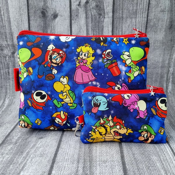 Kosmetiktasche & Schlüsselanhänger Set Super Mario Brothers Mini Gelbörse Yoshi Luigi Peach Games Wario Pilze Kult Handmade Comic Geschenk