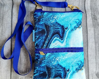 Shoulder Bag Blue Gold Glitter Sand Cream Vaccination Pass Sleeve Azure Sea Case Carrying Bag Deep Blue Sand Look Synthetic Leather Handmade Gift Idea