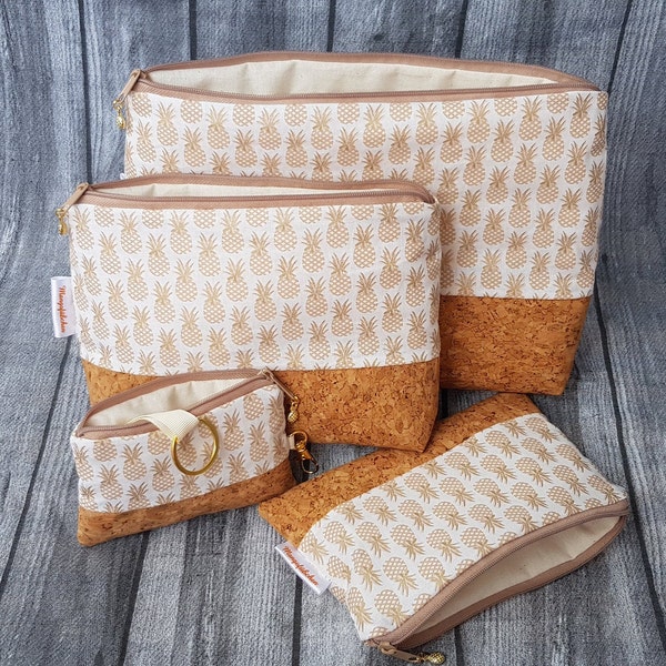 Kosmetiktasche Schlüsseltasche Waschtasche Brillenetui Wickeltasche Set Ananas Kork Beige Gold Glitzer Natur Obst Etui Geldbörse Handmade