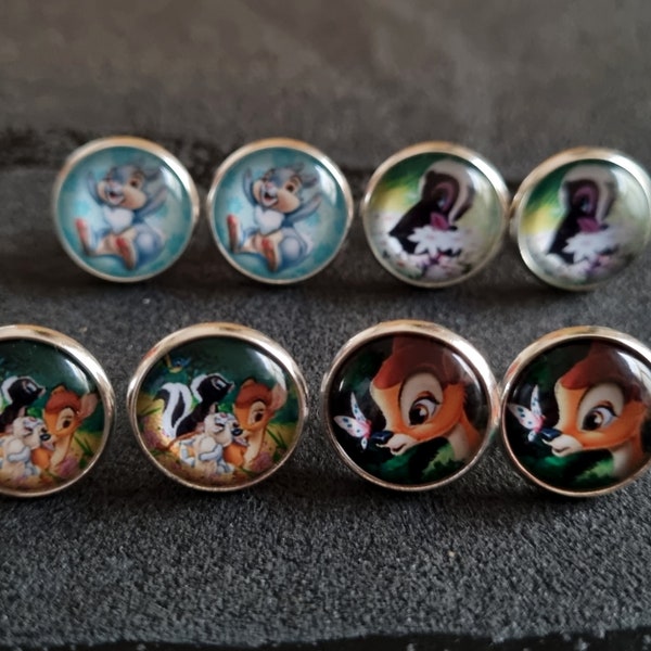 Ohrstecker Silber Bambi Disney Klopfer Blume Freunde 12mm Rund Ohrringe mit Fassung Damenohrring verschiedene Farben & Motive Nostalgie