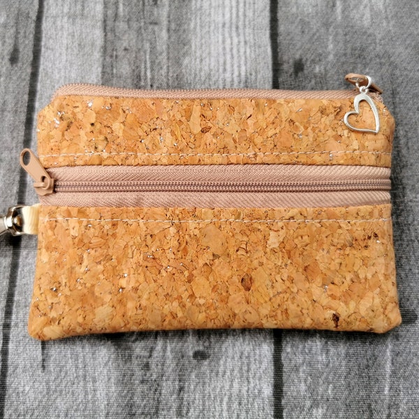 Schlüsseltasche Groß oder Klein Geldbörse Kork Silber Glitzer Anhänger 2in1 Etui Schlüsseletui NEU Handmade Vegan Natur