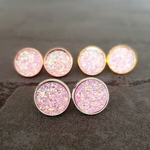 Oorknopjes zilver kristal kristallen ronde oorbellen met zetting dames oorbellen diverse kleuren glitter druzy steen 12 mm Rosa