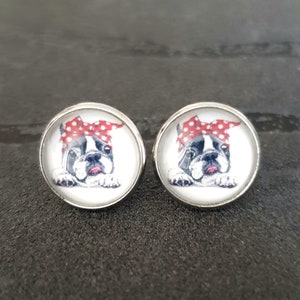 Stud earrings French bulldog dog rockabilly 70s bow setting silver round animal earring accessories 12 mm glass cabochon gift idea