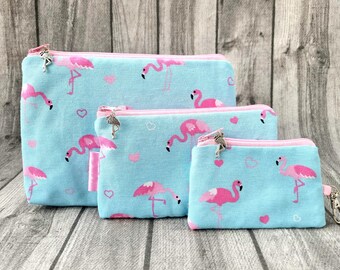 Cosmetic Bag & Keychain Set Flamingo Light Blue Pink Glasses Case Mobile Phone Bag Linen Make-up Bag Summer NEW Animals Gift Set