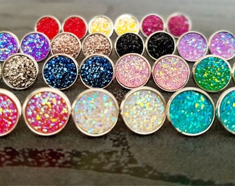 Stud earrings silver crystal crystals round earrings with setting women's earrings various colors glitter druzy stone 12 mm