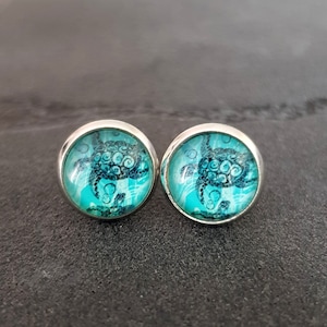 Ohrstecker Schildkröte silber Tiere türkis blau Fassung rund Meer Meeresschildkröte Ohrringe Accessoires 10 mm Glas Cabochon Geschenkidee