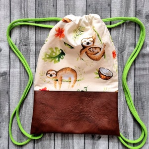 Backpack sloth beige brown gym bag tropical bag jute bag faux leather with drawstring hipster animals laundry bag gift idea image 4