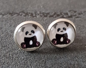 Earrings Panda Silver Black White Animal Jewelry Accessories Tropical Panda Baby NEW Handmade Earrings Round Glass Gift Idea Christmas