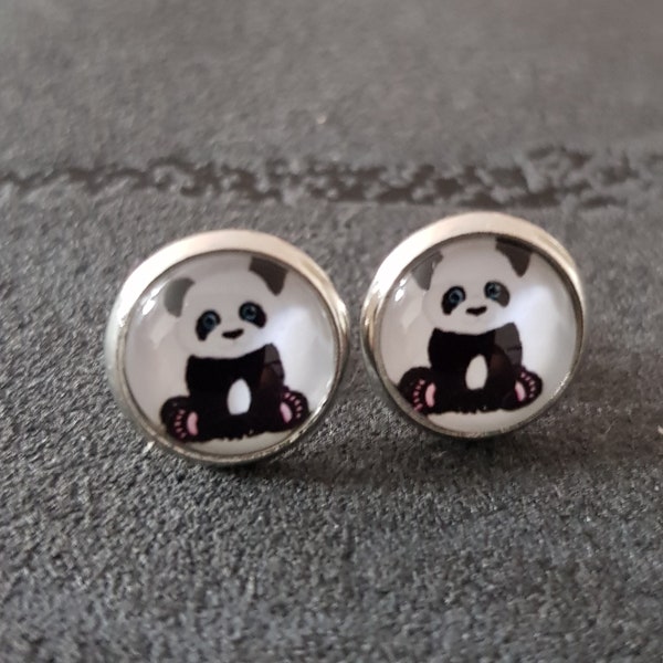 Ohrstecker Panda Silber schwarz weiß Tier Schmuck Accessoires tropisch Pandababy NEU Handmade Ohrringe rund Glas Geschenkidee Weihnachten