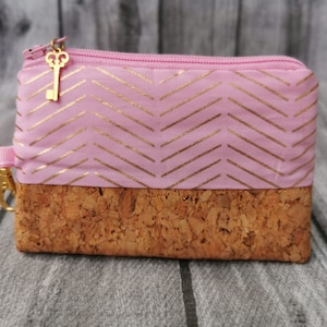 Key bag mini wallet pink cork gold pendant geometric lines glitter NEW handmade vegan gift idea key case