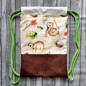 Backpack sloth beige brown gym bag tropical bag jute bag faux leather with drawstring hipster animals laundry bag gift idea image 5