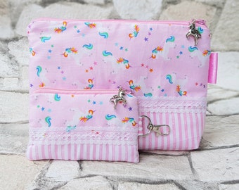 Cosmetic Bag & Keychain Set Unicorn Colorful Schooling Girl NEW Handmade Gift Set Birthday Kids