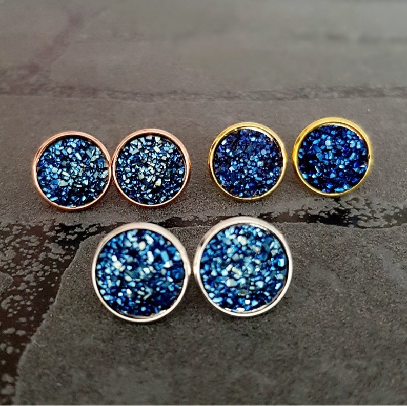 Oorknopjes zilver kristal kristallen ronde oorbellen met zetting dames oorbellen diverse kleuren glitter druzy steen 12 mm Dunkelblau