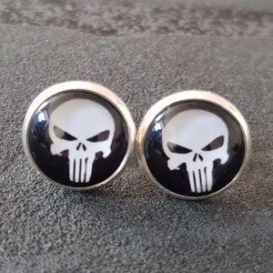 Stud earrings silver Punisher emblem symbol superhero black setting round skull earrings accessory 12 mm glass cabochon men gift idea