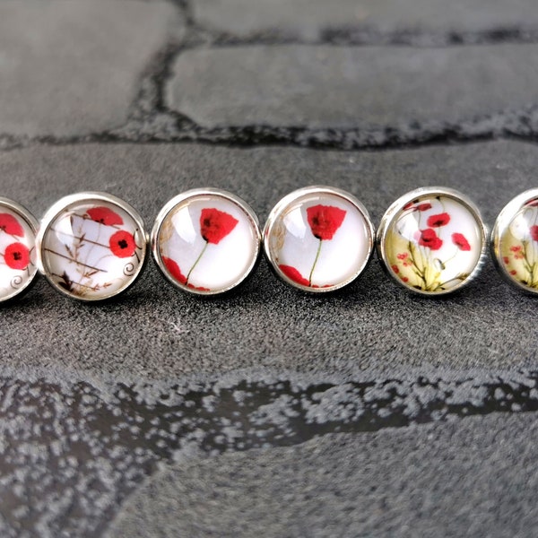 Stud Earrings Silver Poppy Flower Poppy Flower Meadow Floral Earrings Colored Setting 10 MM Glass NEW Handmade Fashion Jewelry