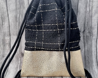 Backpack black gold jacquard tweet gym bag stripes lines glitter discreet bag jute bag imitation leather with drawstring gift idea