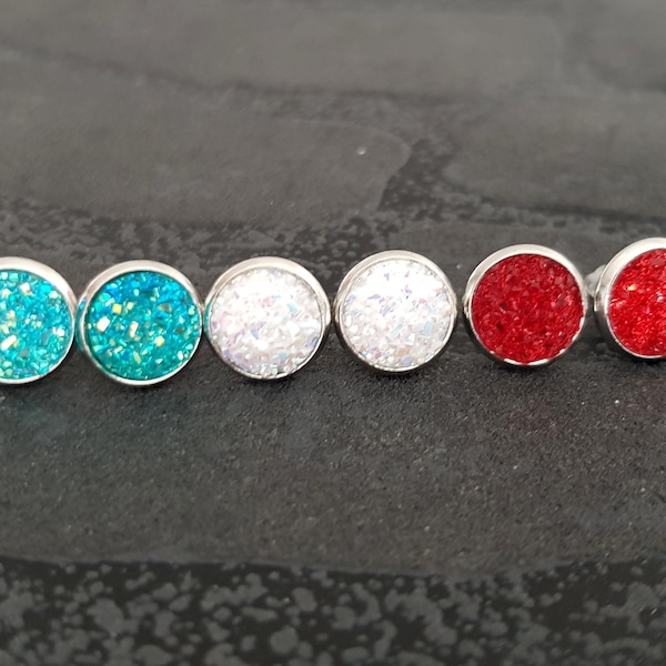 Stud earrings silver crystal set of 3 & individually blue white red glitter setting round earrings 10 mm NEW cabochon shimmer rose gold fashion jewelry