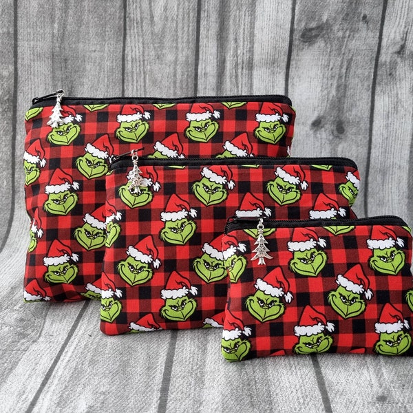 Kosmetiktasche Grinch Mäppchen & Schlüsselanhänger Set Grün Kult Comic Weihnachten Kariert Who Kulturtasche Advent Handmade Geschenkset