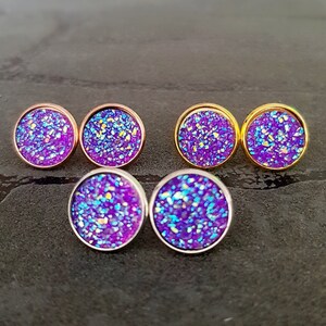 Oorknopjes zilver kristal kristallen ronde oorbellen met zetting dames oorbellen diverse kleuren glitter druzy steen 12 mm Lila