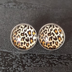 Pendientes Leo Rockabilly patrón de leopardo plata oro rosa marco redondo pendientes 90s patrón animal 10 o 12 mm cabujón de vidrio marrón