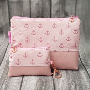 Kosmetiktasche & Schlüsselanhänger Set Anker Maritim Rosé Glitzer Etui Kulturtasche Rosa Schlüsseltasche NEU Handmade Geschenkset