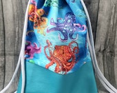 Rucksack Krake Oktopus Tentakeln blau türkis Turnbeutel Bunt Beutel Tasche Jutesack Kunstleder mit Kordelzug Geschenkidee Zoo Meerestiere