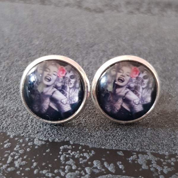 Ohrstecker Marilyn Monroe Silber Tattoo Skulls Grau Fassung rund 12mm Ohrringe Accessoires Glas Cabochon Geschenkidee Schmuck Handmade