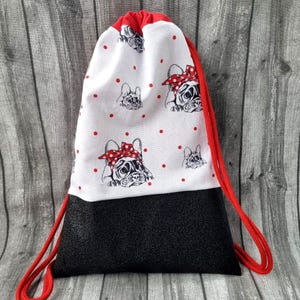 Backpack French Bulldog Gym Bag Jute Sack Dog Rockabilly Laundry Bag Bully Dots Drawstring Red White Faux Leather Vegan Linen NEW