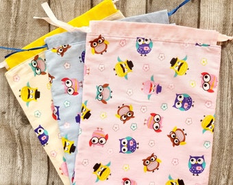 Gift bag owls fabric bag pink light blue yellow set sustainable children's birthday Christmas gift draw bag fabric bag packaging vegan