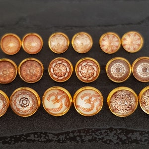 Studs gold mandala brown beige boho hippie Goa Ohm vintage round earrings sun ornaments decent NEW fashion jewelry Handmade glass cabochon