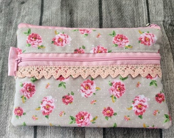 Handytasche Vintage Schminktasche Shabby Chic Rosa Rosen Love Spitze 2in1 Kunstleder Brillenetui Mäppchen Geschenkidee Tabaktasche Vegan