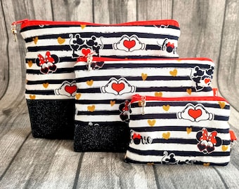 Cosmetic bag pencil case glasses case mobile phone case key bag set Mickey & Minnie Mouse in Love striped black Disney handmade gift