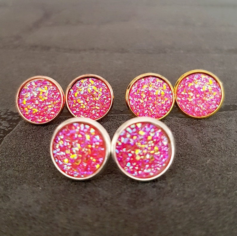 Oorknopjes zilver kristal kristallen ronde oorbellen met zetting dames oorbellen diverse kleuren glitter druzy steen 12 mm Pink