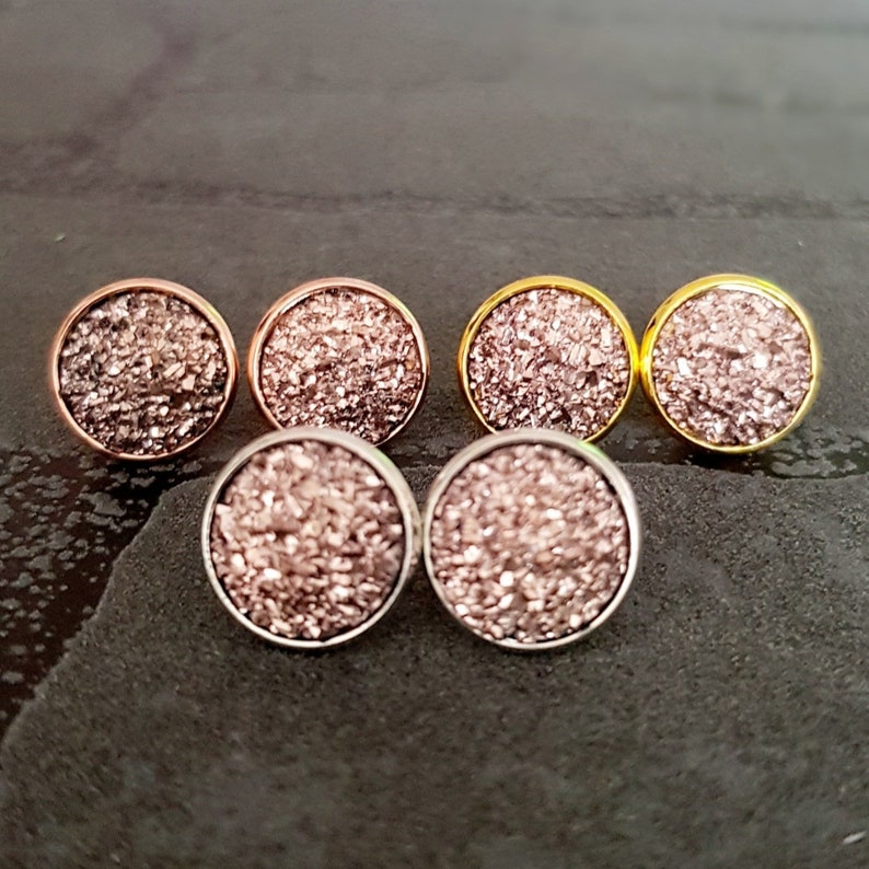 Oorknopjes zilver kristal kristallen ronde oorbellen met zetting dames oorbellen diverse kleuren glitter druzy steen 12 mm Beige